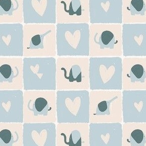 Elephant checks in blue and cream with hearts small scale 8x8
