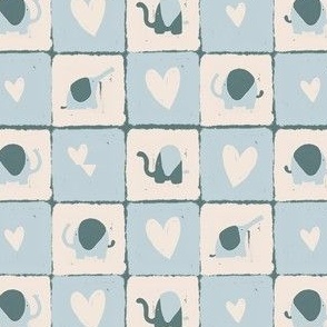 Elephant checks in blue and cream with hearts small scale 8x8