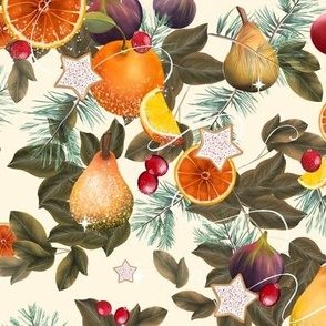 Festive Holiday Fruits with Oranges and Berries on Off White
