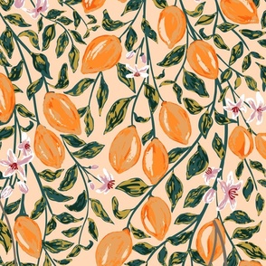[Wallpaper] Artistic Fall Lemon Vines in peach, apricot, orange, teal, green, maximalist