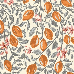 [Wallpaper] Watercolor Citrus Lemon Vines in cream, grey, orange, yellow artistic style, maximalist