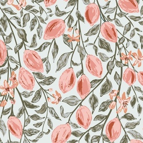 [Wallpaper] Watercolor Citrus Lemon Vines in slate blue olive green and pink boho artistic style, maximalist