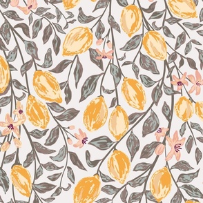 [Wallpaper] Watercolor Citrus Lemon Vines in cream, grey,  yellow, pink artistic style, maximalist