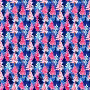 Bright Pink and Blue Watercolor Christmas Trees - Small Scale