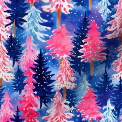 Bright Pink and Blue Watercolor Christmas Trees - Medium Scale