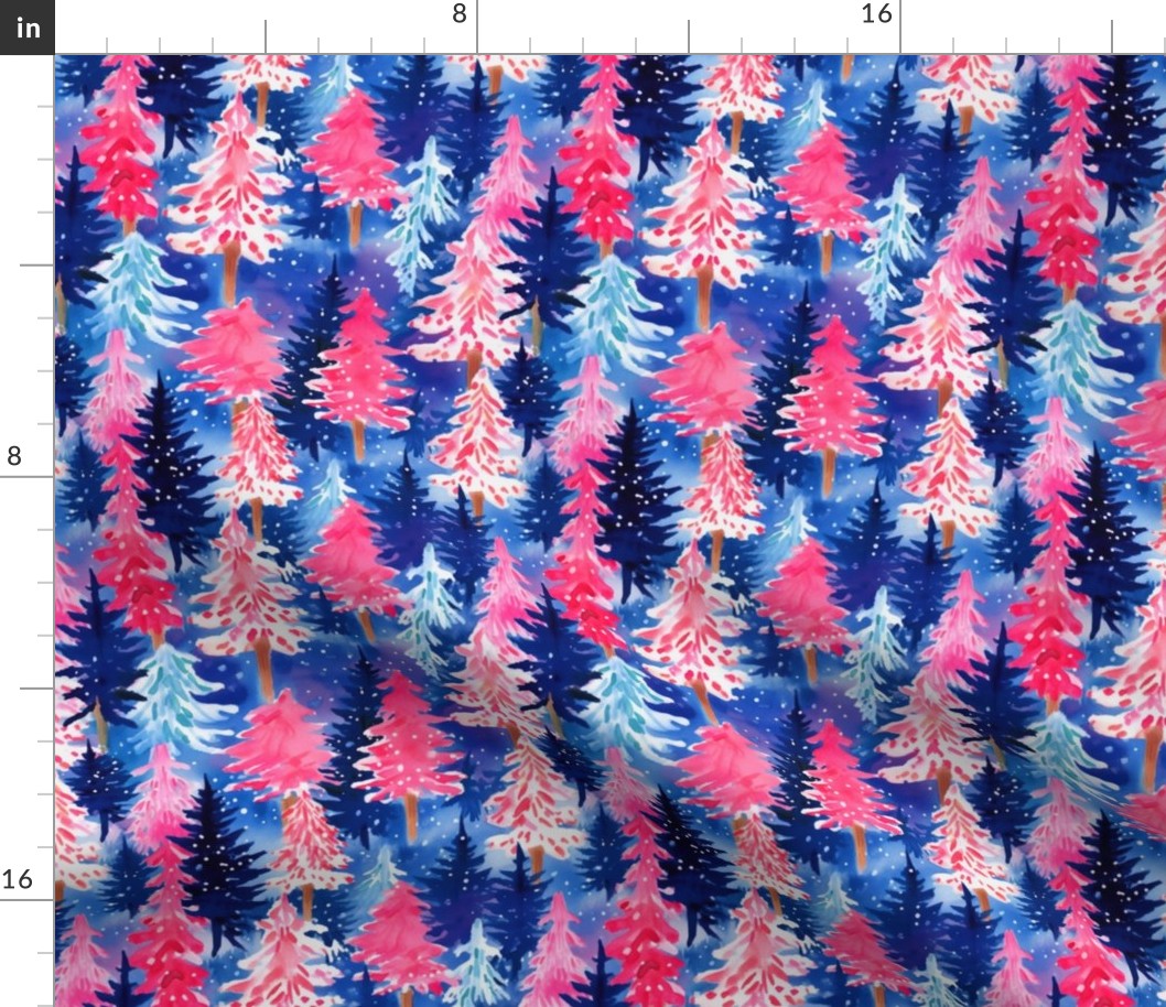 Bright Pink and Blue Watercolor Christmas Trees - Medium Scale