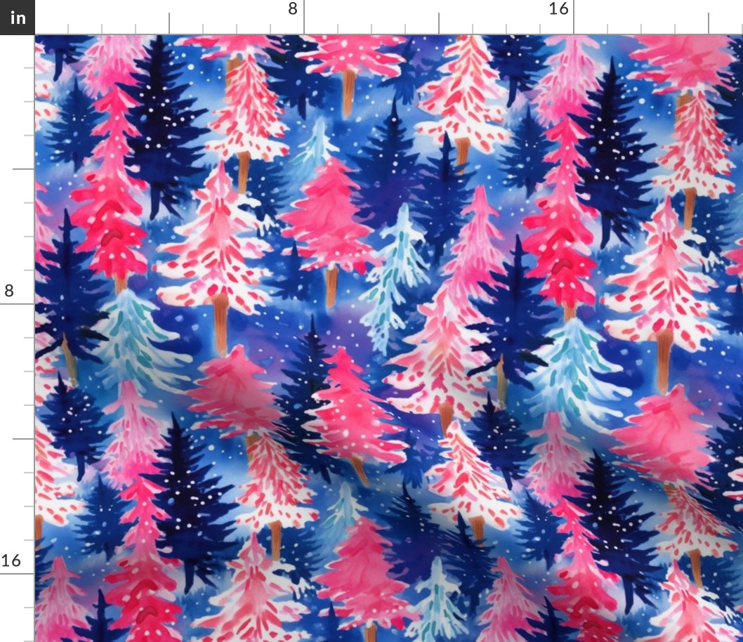 Bright Pink and Blue Watercolor Christmas Trees - Large Scale
