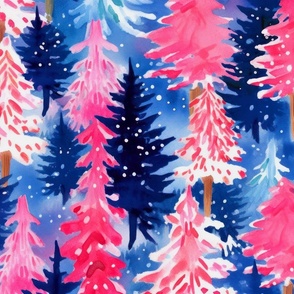 Bright Pink and Blue Watercolor Christmas Trees - XL Scale