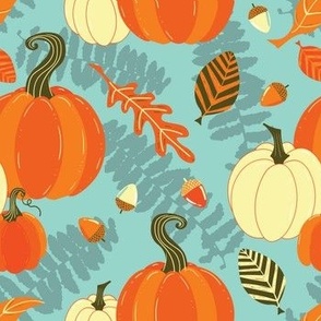 Autumn pumpkins, in orange and white with acorns and leaves