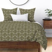 Small-Scale Cryptid Damask in Olive Green & Taupe