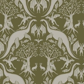 Small-Scale Cryptid Damask in Olive Green & Taupe