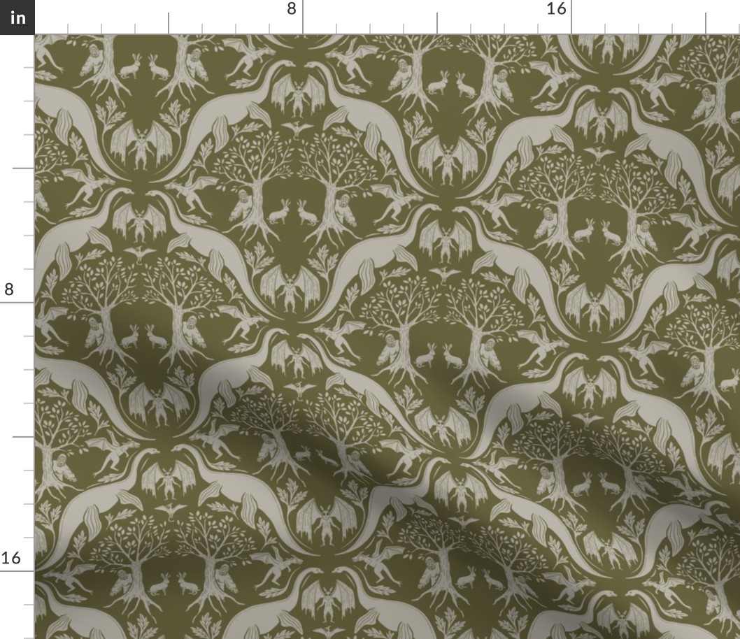 Small-Scale Cryptid Damask in Olive Green & Taupe