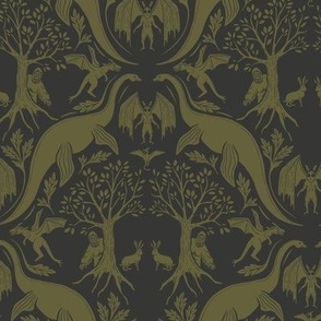 Small-Scale Cryptid Damask in Charcoal & Olive Green