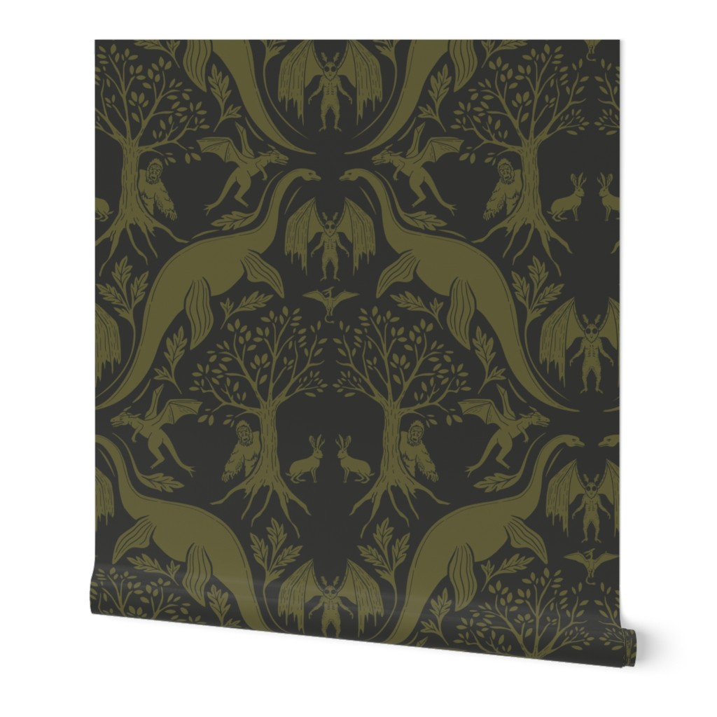 Cryptid Damask in Charcoal & Olive Green