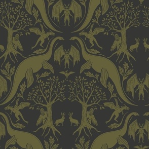 Cryptid Damask in Charcoal & Olive Green