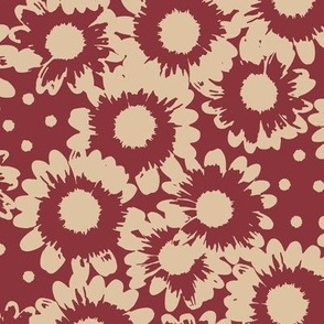 Daisy Confetti | Cranberry Biscotti - red and tan, linen, floral, multidirectional, large floral, daisy flower, warm neutral, farmhouse, boho, home decor, vintage, botanical wallpaper, Christmas, holiday decor