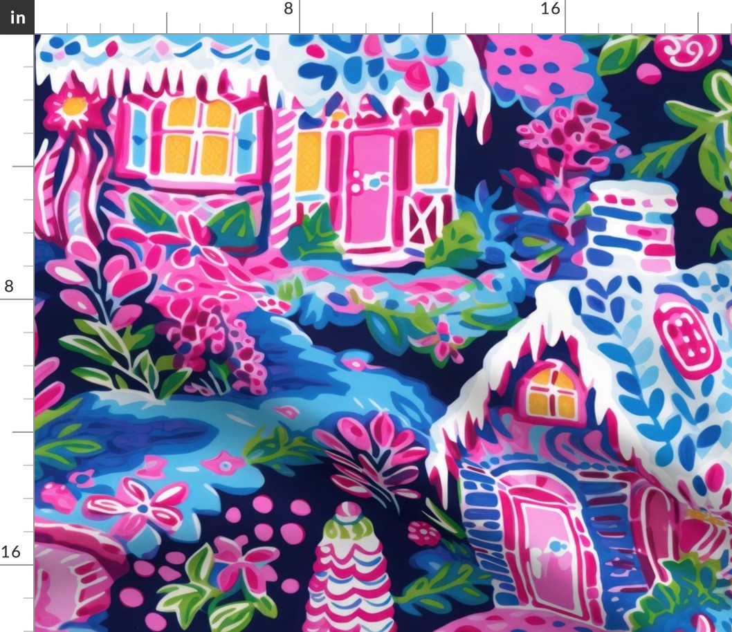 Preppy Watercolor Gingerbread House Blue Pink - XL Scale