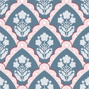 Block Flowers Scallop Blue and Pale Pink 