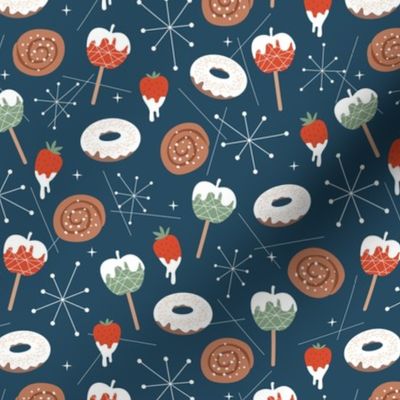 Christmas  retro fifties snacks collection - Apple Sticks cinnamon donuts bun strawberry desert and mid-century details seasonal food winter snacks sage green red on marine blue