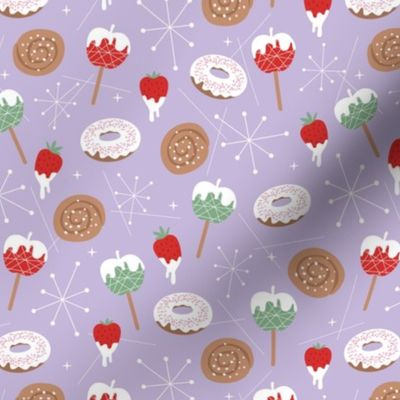 Christmas  retro fifties snacks collection - Apple Sticks donuts cinnamon bun strawberry desert and mid-century details seasonal food winter snacks mint green ruby red on lilac purple