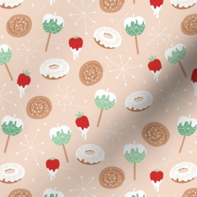 Christmas  retro fifties snacks collection - Apple Sticks donuts cinnamon bun strawberry desert and mid-century details seasonal food winter snacks mint ruby red on blush beige