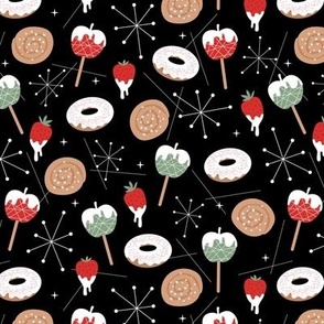 Christmas  retro fifties snacks collection - Apple Sticks donuts cinnamon bun strawberry desert and mid-century details seasonal food winter snacks mint red on black