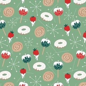 Christmas  retro fifties snacks collection - Apple Sticks donuts cinnamon bun strawberry desert and mid-century details seasonal food winter snacks teal red on sage green