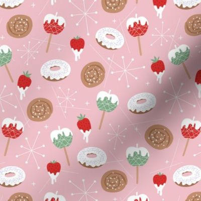 Christmas  retro fifties snacks collection - Apple Sticks donuts cinnamon bun strawberry desert and mid-century details seasonal food winter snacks mint red on pink