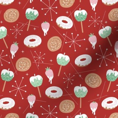 Christmas  retro fifties snacks collection - Apple Sticks donuts cinnamon bun strawberry desert and mid-century details seasonal food winter snacks mint pink on red