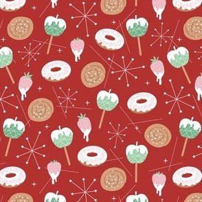 Christmas  retro fifties snacks collection - Apple Sticks donuts cinnamon bun strawberry desert and mid-century details seasonal food winter snacks mint pink on red