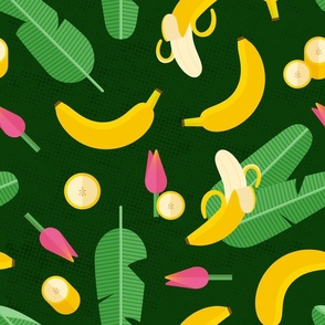 Beautiful flat design with banana leaves, flowers and fruits on a dark background