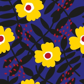 Bold yellow flowers on a dark blue background design