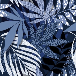 (M) Abstract Boho Botanical Palm leaves 2. Monochromatic Blue