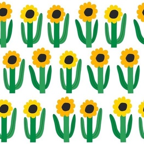 Bold flowers design in yellow, green and white colours. Hand drawn Sunflowers on a white background 