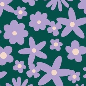 Sweet ditsy flowers daisies poinsettia and lilies retro winter seasonal blossom - Christmas snacks collection lilac purple on teal green  LARGE wallpaper