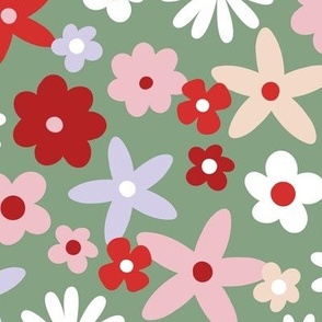 Sweet ditsy flowers daisies poinsettia and lilies retro winter seasonal blossom - Christmas snacks collection lilac pink red on olive green  LARGE wallpaper