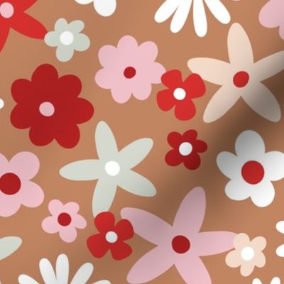 Sweet ditsy flowers daisies poinsettia and lilies retro winter seasonal blossom - Christmas snacks collection pink blush mint red on caramel brown vintage palette  LARGE wallpaper