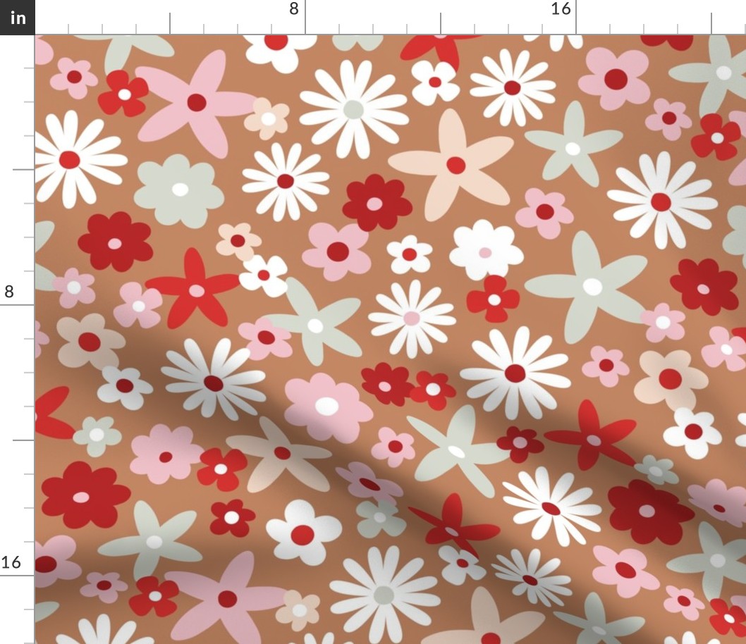 Sweet ditsy flowers daisies poinsettia and lilies retro winter seasonal blossom - Christmas snacks collection pink blush mint red on caramel brown vintage palette  LARGE wallpaper