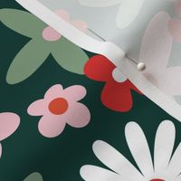 Sweet ditsy flowers daisies poinsettia and lilies retro winter seasonal blossom - Christmas snacks collection red pink olive green on pine  LARGE wallpaper