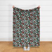 Sweet ditsy flowers daisies poinsettia and lilies retro winter seasonal blossom - Christmas snacks collection red pink olive green on pine  LARGE wallpaper