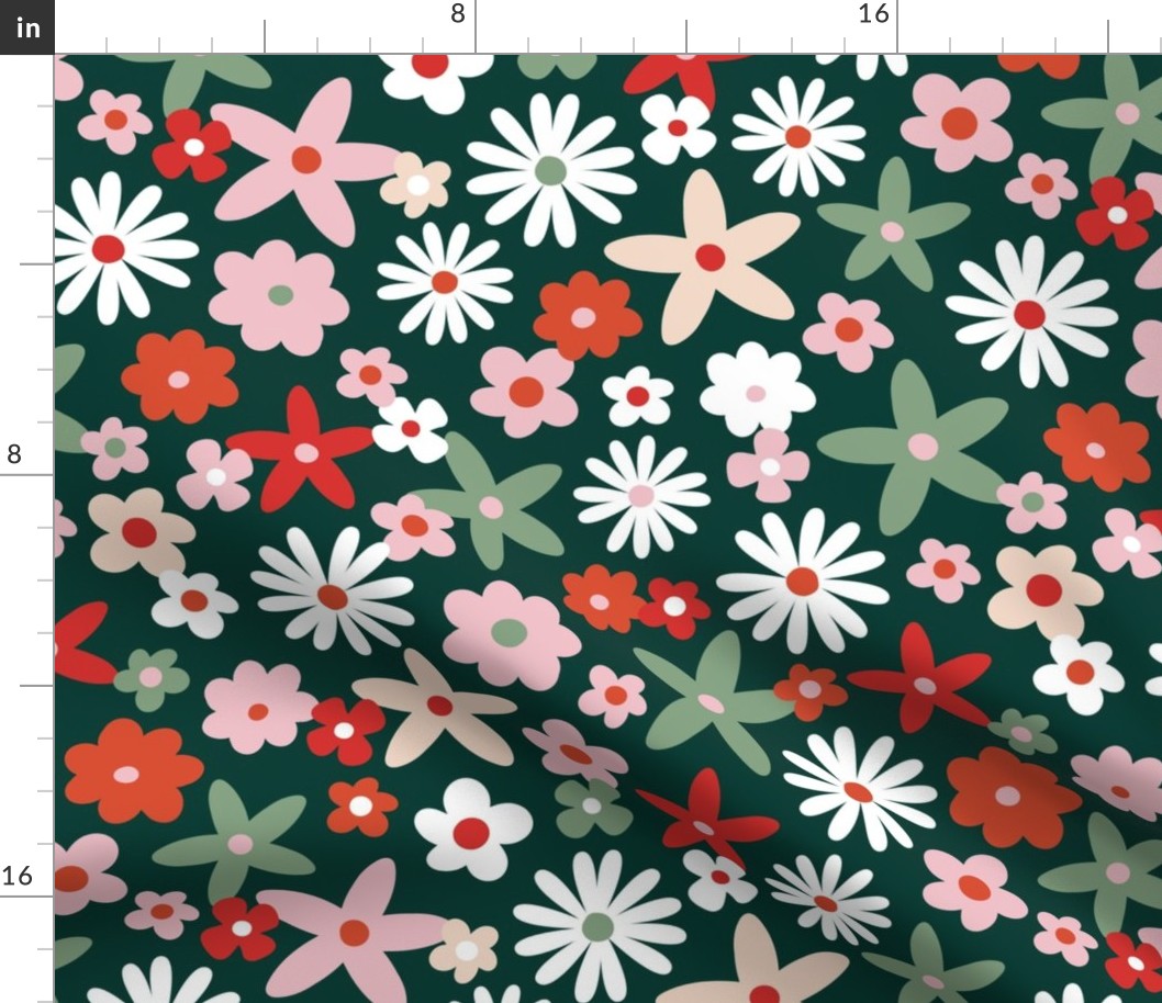 Sweet ditsy flowers daisies poinsettia and lilies retro winter seasonal blossom - Christmas snacks collection red pink olive green on pine  LARGE wallpaper