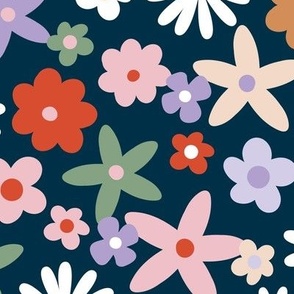 Sweet ditsy flowers daisies poinsettia and lilies retro winter seasonal blossom - Christmas snacks collection pink red lilac olive green on navy blue  LARGE wallpaper
