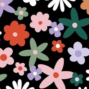 Sweet ditsy flowers daisies poinsettia and lilies retro winter seasonal blossom - Christmas snacks collection  red orange sage green pine lilac and pink on black  LARGE wallpaper