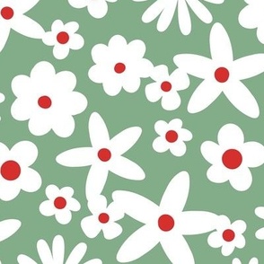 Sweet ditsy flowers daisies poinsettia and lilies retro winter seasonal blossom - Christmas snacks collection white red on mint green jade LARGE wallpaper