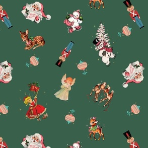 Vintage Christmas on Green 16x16 Christmas fabric/ Holiday fabric/