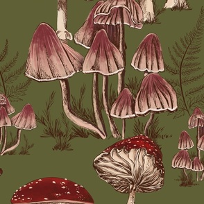 Large Scale - Green - Hand drawn Magic Mushroom Autumn Forest - Wallpaper