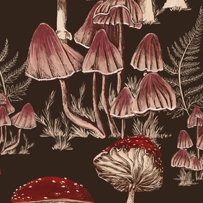Large Scale - Brown - Hand drawn Magic Mushroom Autumn Forest - Wallpaper