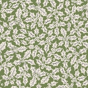 547 - Small scale olive green and off white holly leaves and berries for sophisticated Christmas table linens, napkins, table runners and home decor