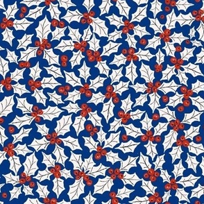 547 - Small scale red and blue non traditional festive holly and berries for festive Christmas table linen, kids apparel, home decor and quilting projects, pretty bed linen, table cloths, apparel and sewing projects, children