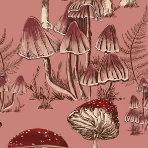 Large Scale - Green - Hand drawn Magic Mushroom Autumn Forest - Wallpaper